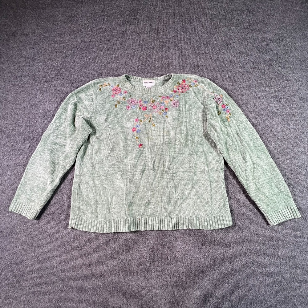 Alfred Dunner Sweater Womens L Green Floral Embroidered Chenille Knit Holiday